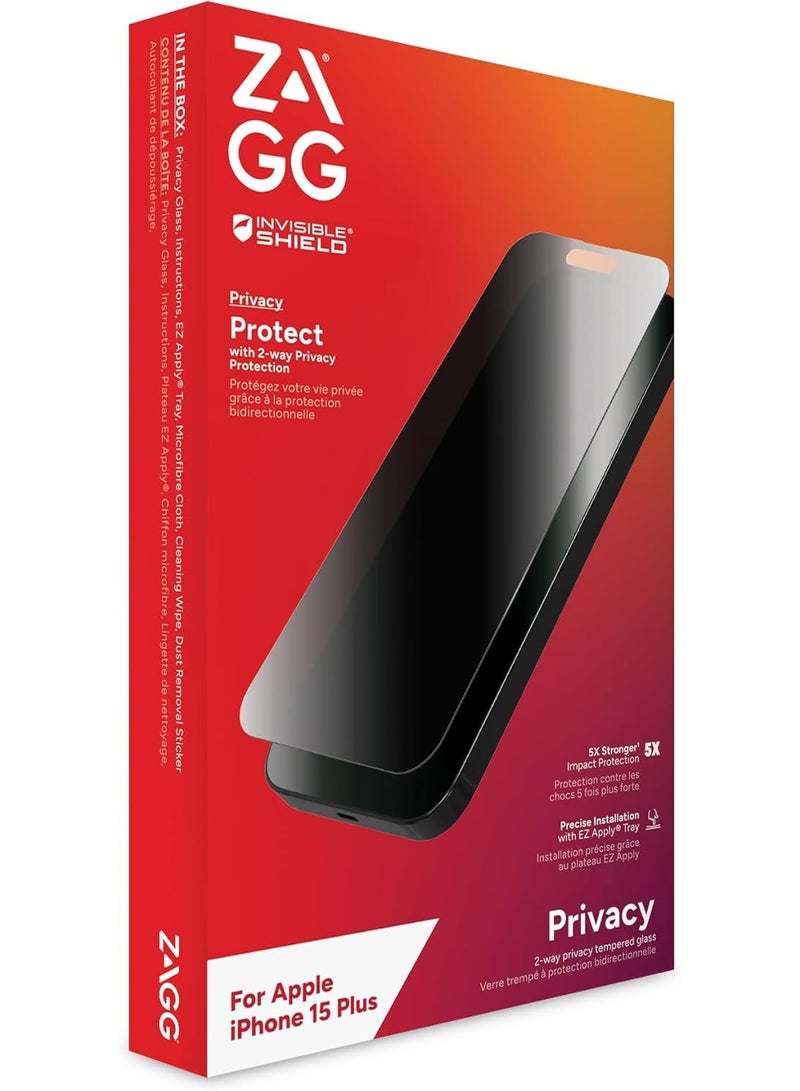 زاج واقي شاشة InvisibleShield Glass Elite Privacy لهاتف iPhone 15 Plus - واقي شاشة خصوصية ثنائي الاتجاه، زجاج مقسى، مقاوم للخدوش، حماية من السقوط، مقاوم للبصمات، سهل التركيب، متوافق مع أغطية الحماية. - Image 1