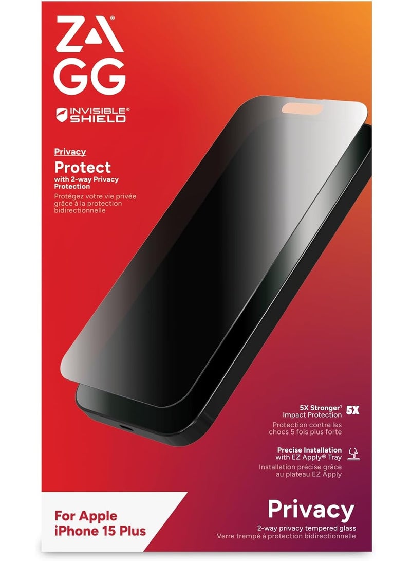 زاج واقي شاشة InvisibleShield Glass Elite Privacy لهاتف iPhone 15 Plus - واقي شاشة خصوصية ثنائي الاتجاه، زجاج مقسى، مقاوم للخدوش، حماية من السقوط، مقاوم للبصمات، سهل التركيب، متوافق مع أغطية الحماية. - Image 2