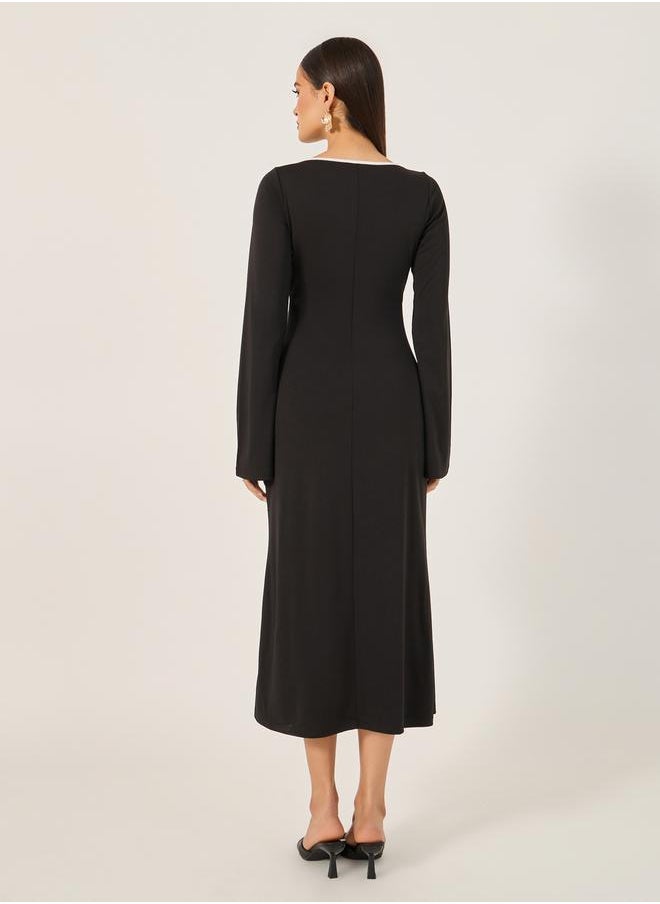 Styli - Contrast Trim Bell Sleeves Sheath Midi Dress - Image 1