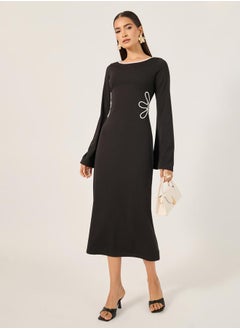 Contrast Trim Bell Sleeves Sheath Midi Dress