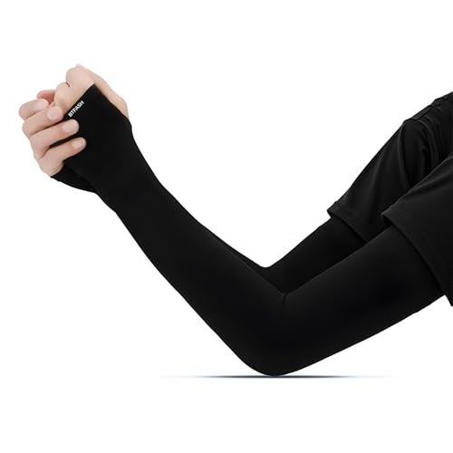 BTfash Unisex UV Protection Compression Cooling Sleeve Cover with Thumb Hole for Cycling, Driving, Running, Riding, Fishing, Golfing and Outdoor Sports (Black_PO1) - Image 1