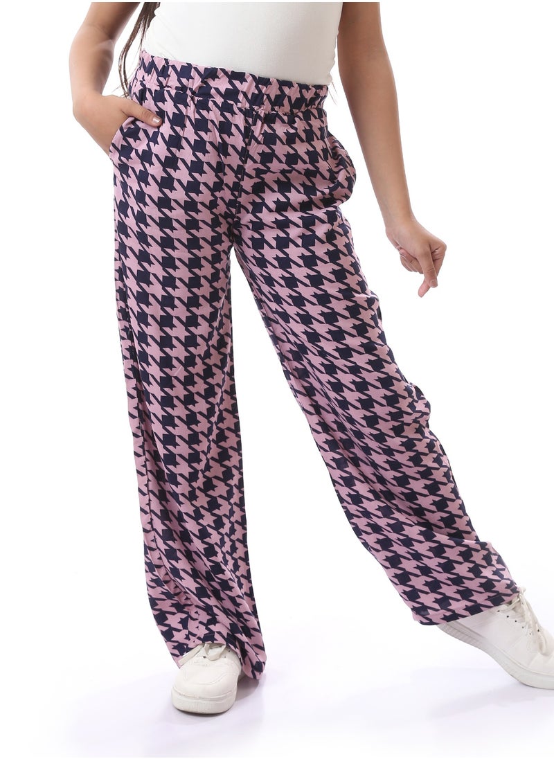 Andora - Houndstooth Patterned Girls Pants With Side Pockets - Cashmere & Navy Blue - Image 1