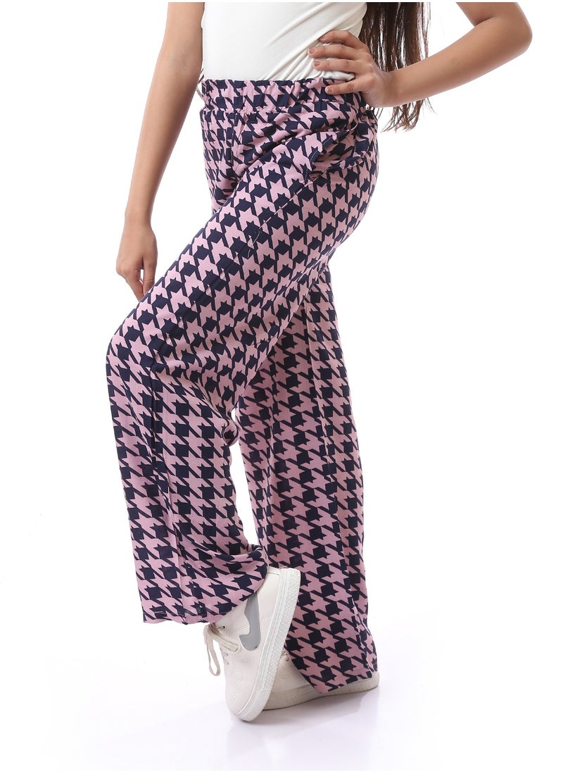 Andora - Houndstooth Patterned Girls Pants With Side Pockets - Cashmere & Navy Blue - Image 1