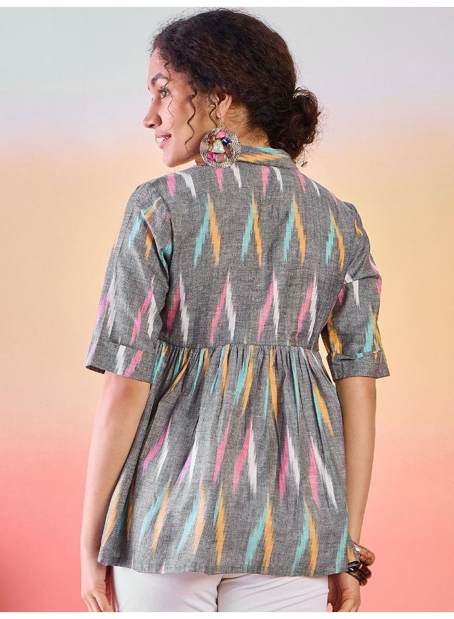 AKS Abstract Printed Shirt Collar Cotton Tunic - Image 4