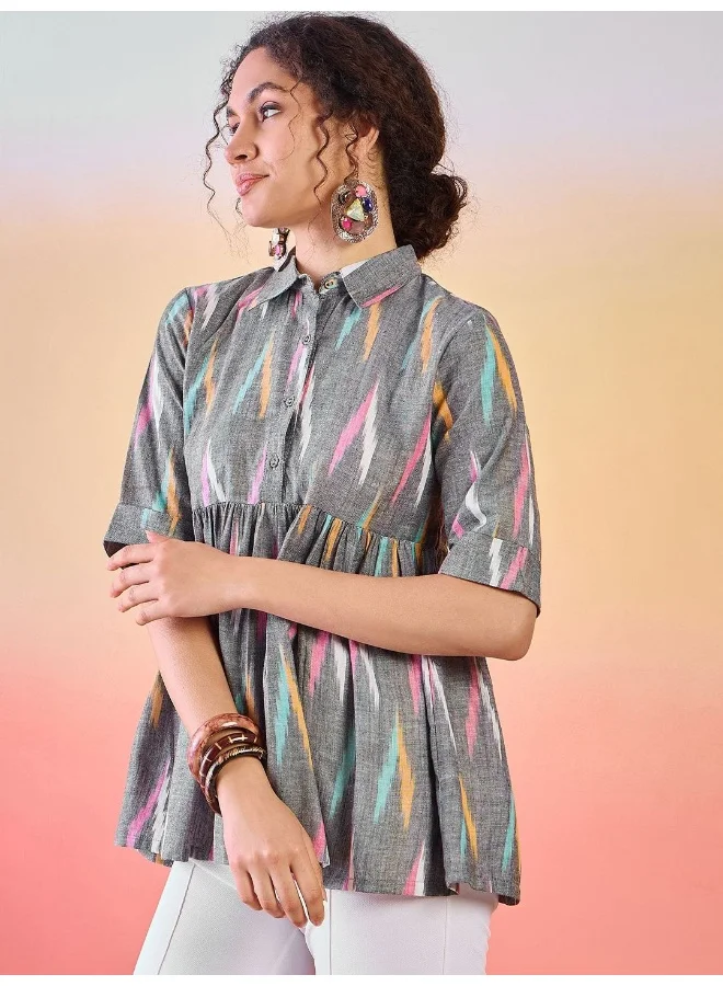 أيه كيه إس Abstract Printed Shirt Collar Cotton Tunic