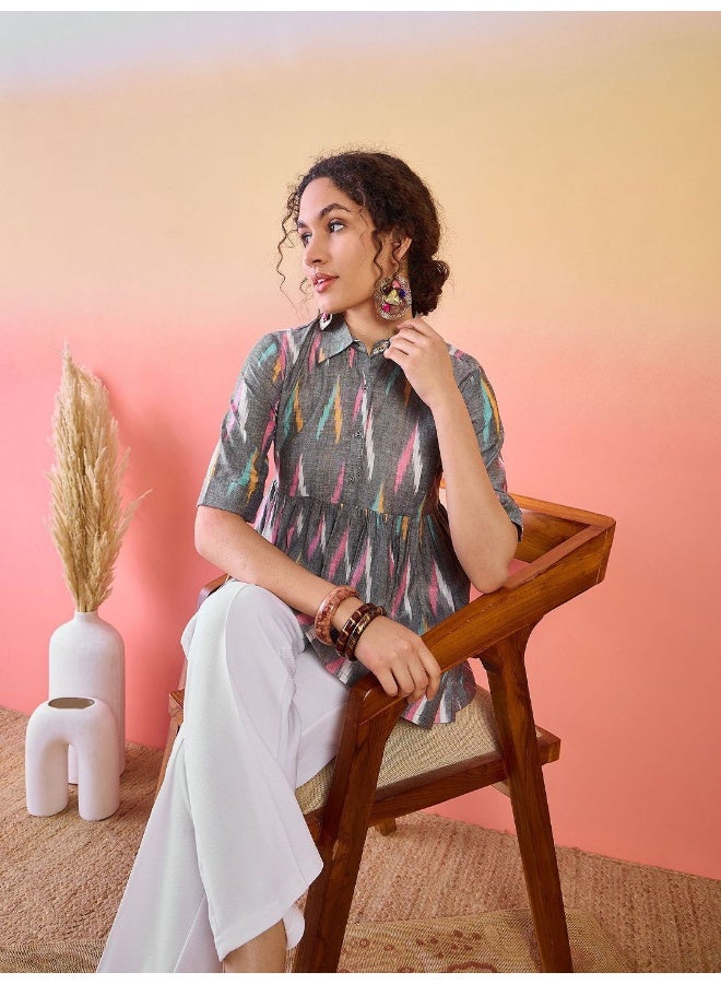 AKS Abstract Printed Shirt Collar Cotton Tunic - Image 1