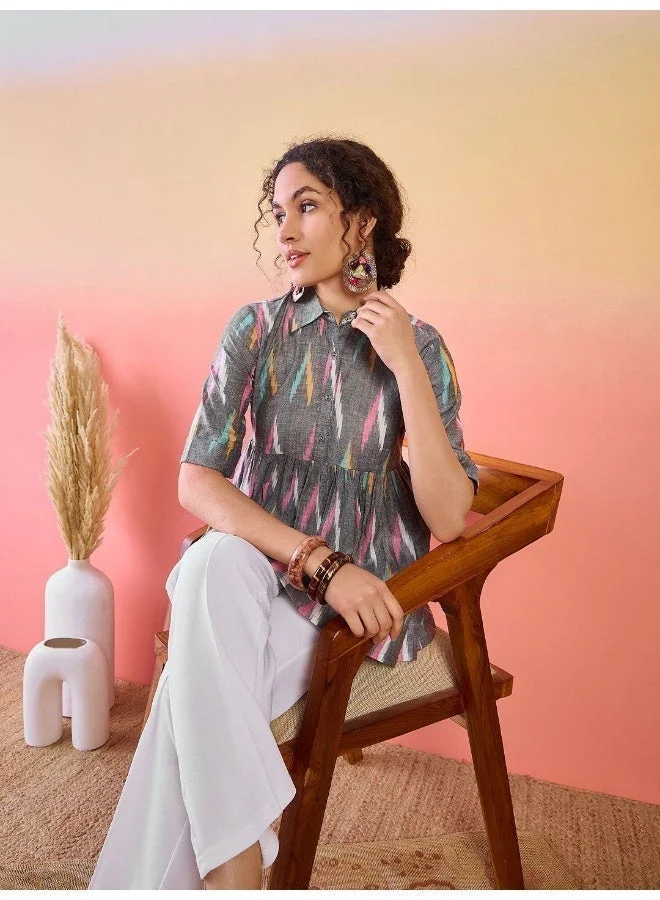 AKS Abstract Printed Shirt Collar Cotton Tunic