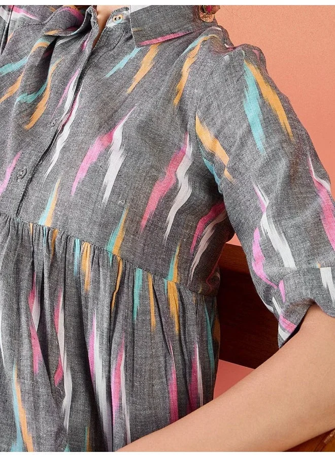 AKS  Abstract Printed Shirt Collar Cotton Tunic for Women | Best Price UAE