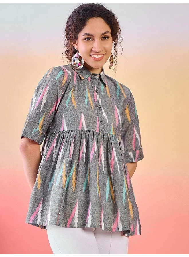 AKS  Abstract Printed Shirt Collar Cotton Tunic for Women | Best Price UAE