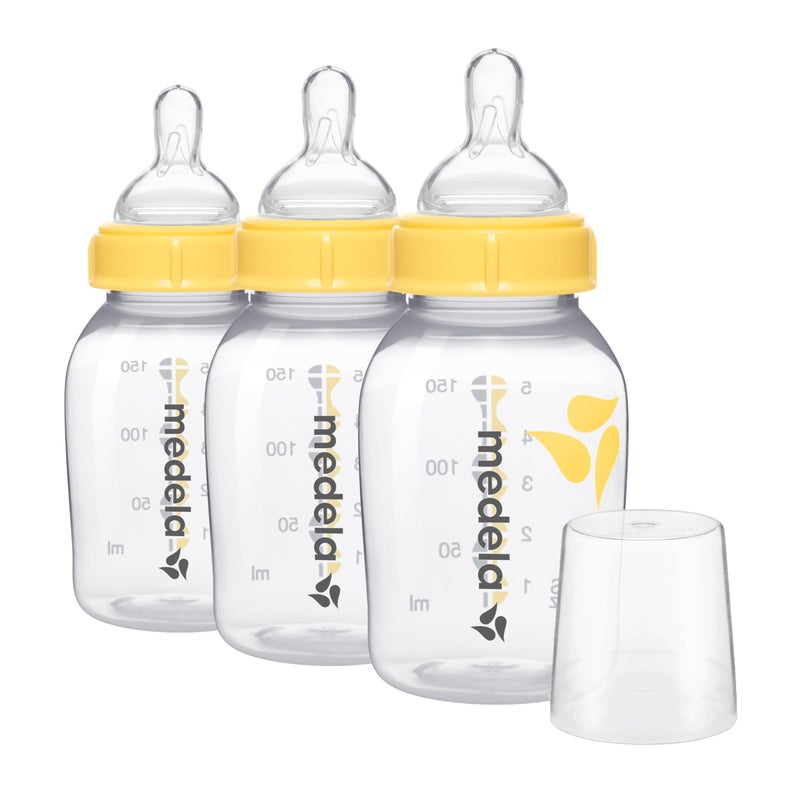 Medela Slow Flow Feeding & Storage Bottles, 3 Pack of 5 Ounce Bottle with Nipple, Lids, Wide Base Collars, and Travel Caps, Made Without BPA - Image 1