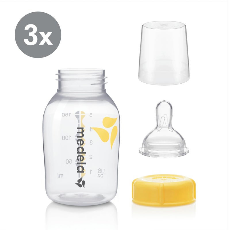 Medela Slow Flow Feeding & Storage Bottles, 3 Pack of 5 Ounce Bottle with Nipple, Lids, Wide Base Collars, and Travel Caps, Made Without BPA - Image 2