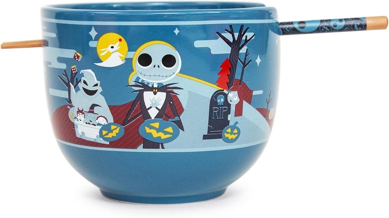 Silver Buffalo Disney The Nightmare Before Christmas Jack Skellington and Friends Japanese Ceramic Dinnerware Set  Includes 20Ounce Ramen Noodle Bowl and Wooden Chopsticks - Image 1