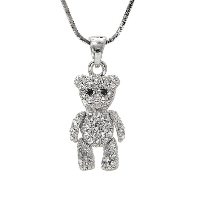Spinningdaisy Crystals Silver Plated Movable Teddy Bear Necklace - Image 1