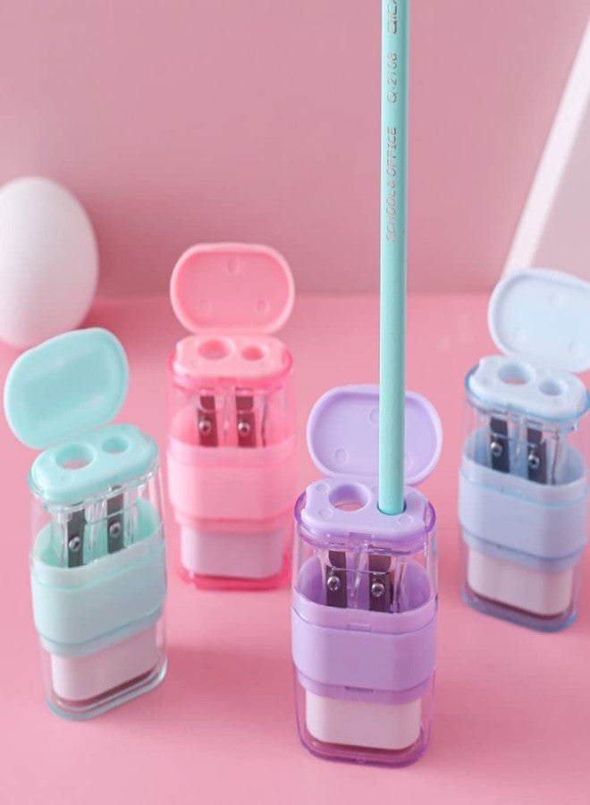 waremew 4 PCS Manual Pencil Sharpener with Eraser, Double Hole Multicolored Sharpener with Eraser Fun Stationery Back to School Supplies, Classroom Rewards, and Birthday Party Favors - Image 2