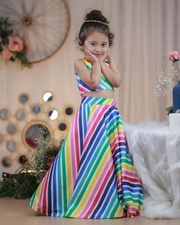 Naixa Girl's Satin Sleeveless Round Neck Pink Shrug With Multicolor Ethnic Printed Readymade Lehenga Choli Set For Every Occasion (Pack Of One) (NX15 9-10Y) - Image 4