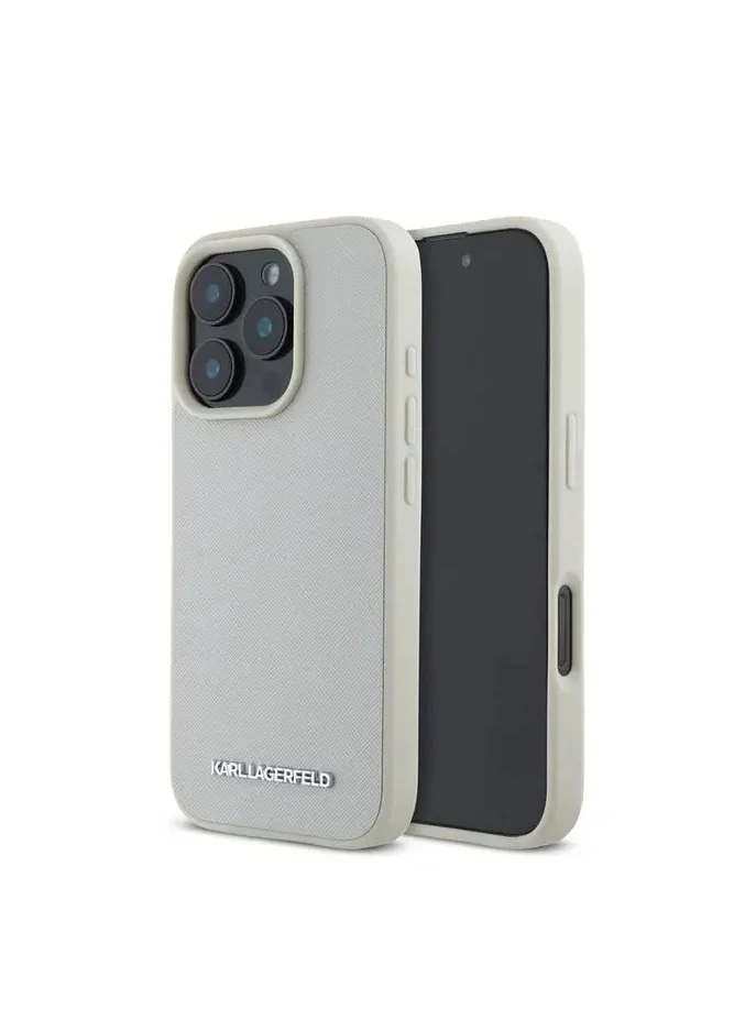 Karl Lagerfeld Saffiano Leather Hard Case with Elongated Metal Logo for iPhone 16 Pro Max / Drop Protection / Slim Profile - Beige