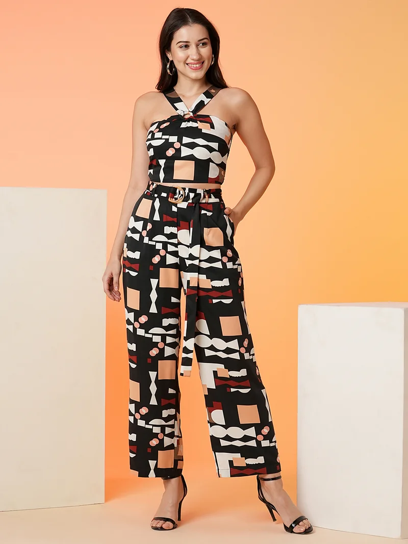 globus Women Black Geometric Printed Top With Trousers