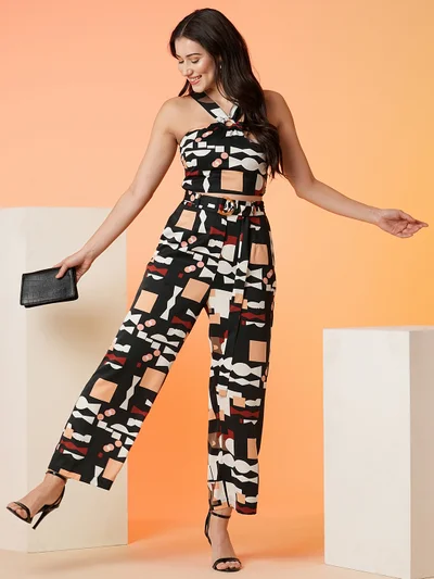 جلو باص Women Black Geometric Printed Top With Trousers