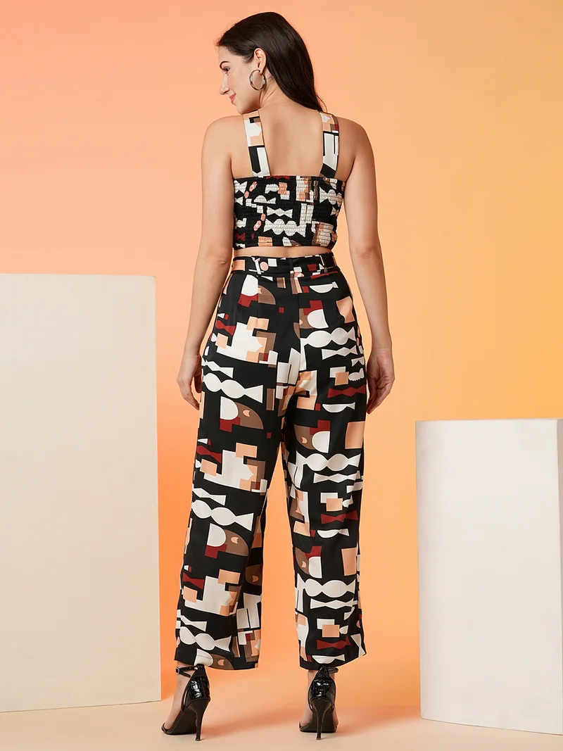 globus Women Black Geometric Printed Top With Trousers