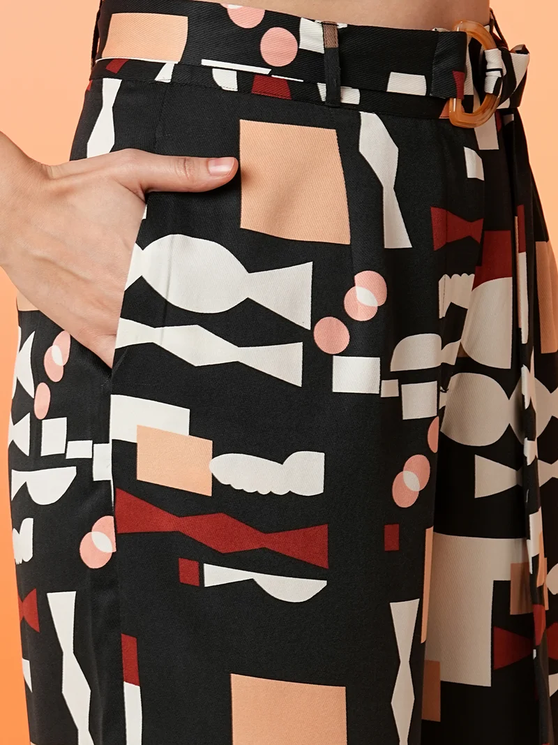 globus Women Black Geometric Printed Top With Trousers