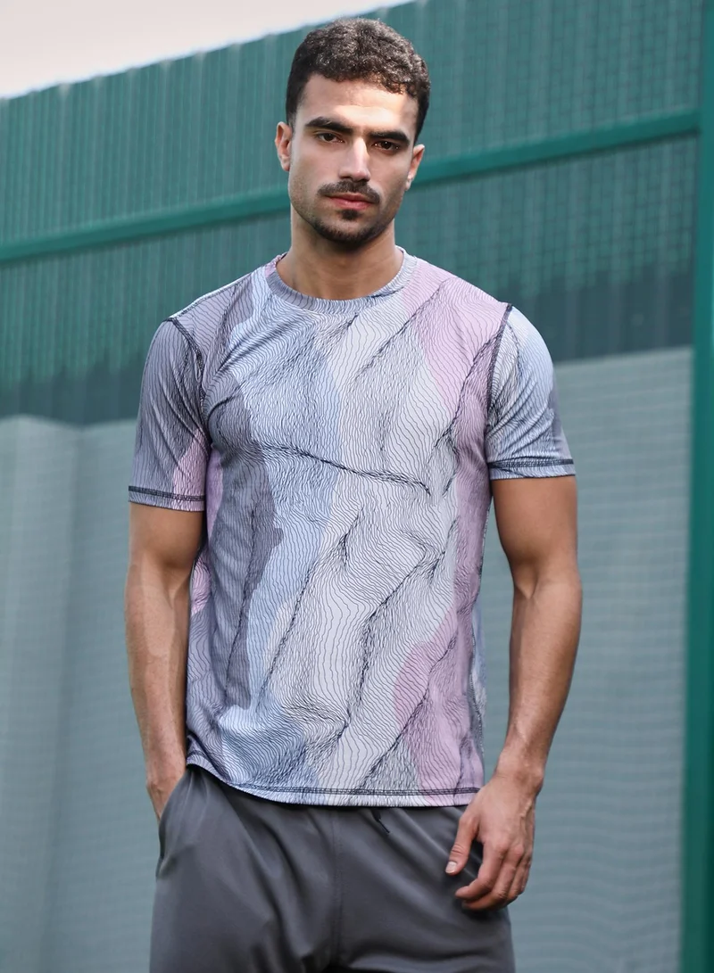 Campus Sutra Men's Cloud Grey Lined-Dye Activewear T-Shirt