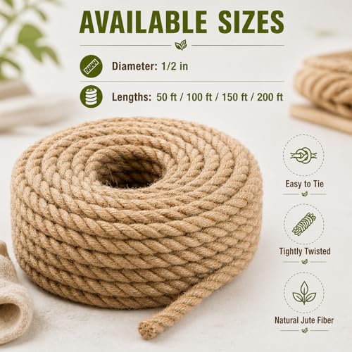 YUZENET Natural Jute Rope Thick Hemp Rope (1/2 Inch x 100 Feet) Strong Jute Twine for DIY Crafts Gardening Hammock Home Decorating - Image 2