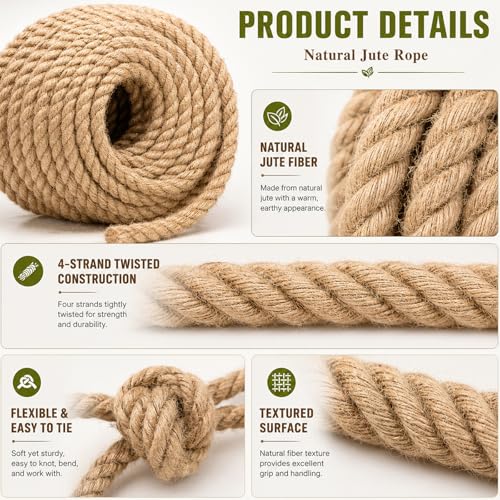 YUZENET Natural Jute Rope Thick Hemp Rope (1/2 Inch x 100 Feet) Strong Jute Twine for DIY Crafts Gardening Hammock Home Decorating - Image 3