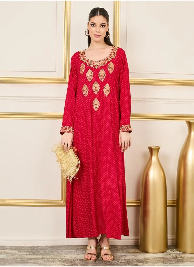 Styli Styli Embroidered Neckline All Over Print Jalabiya