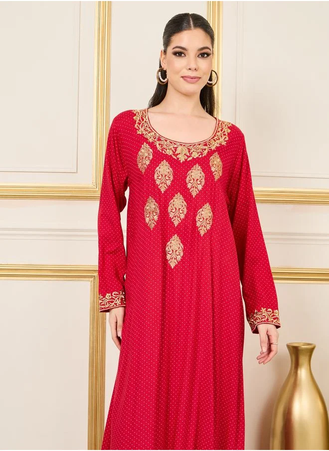 Styli Styli Embroidered Neckline All Over Print Jalabiya