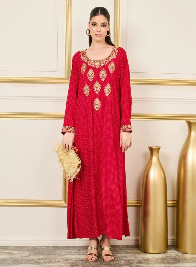 Styli Styli Embroidered Neckline All Over Print Jalabiya