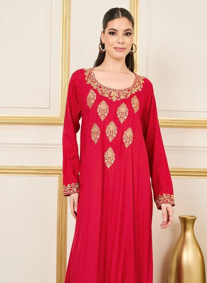 Styli Styli Embroidered Neckline All Over Print Jalabiya