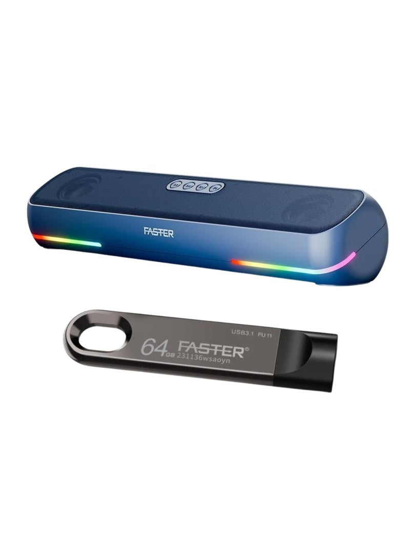 Faster RYZO Z16 Wireless Bluetooth Soundbar 16W + 64GB USB 3.1 Flash Drive Bundle – Deep Bass Portable Stereo Speaker with TWS, FM, AUX, USB, TF Card & Super-Fast Pendrive for TV, Laptop, Car & Home Theater - Image 1