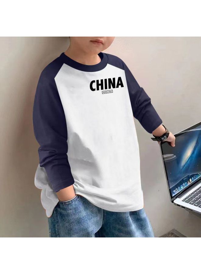 Boys' Long-sleeve T-shirt Spring And Autumn Baby Pure Cotton T-shirt For Older Children Popular Color-blocking Base Shirt Trendy