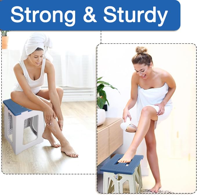 ProTraverse Foldable Waterproof Plastic Corner Stool for Bathroom - Foldable Non-Slip Shower Bench/Bathtub Stool for the Elderly, Blue-White Color Scheme,Holds Up to 330 lbs, 17.7 inches - Image 4