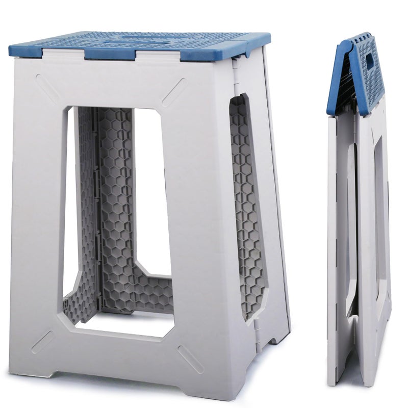 ProTraverse Foldable Waterproof Plastic Corner Stool for Bathroom - Foldable Non-Slip Shower Bench/Bathtub Stool for the Elderly, Blue-White Color Scheme,Holds Up to 330 lbs, 17.7 inches - Image 1