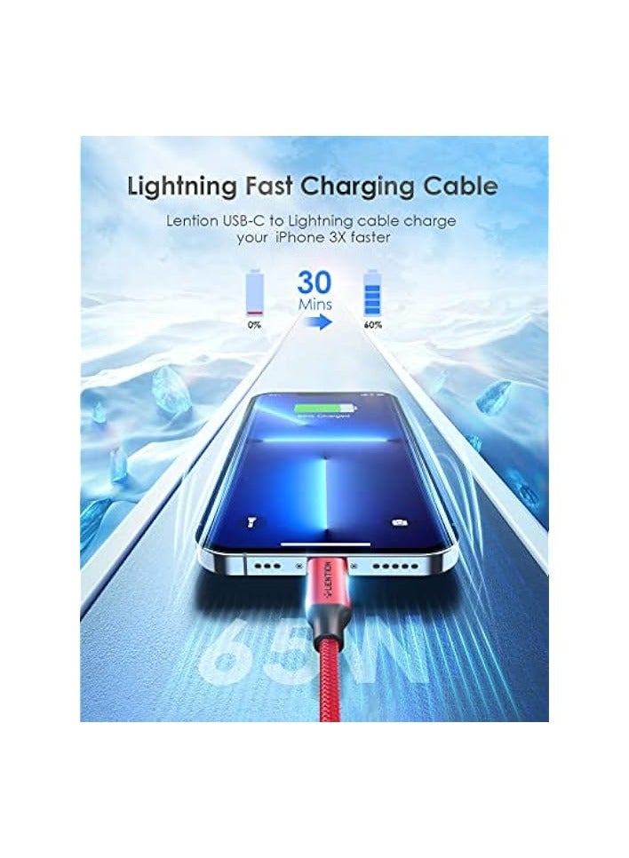 لينشن كابل شحن USB-C إلى Lightening بطول 3 أقدام (1 متر) وسلك شاحن iPhone 12 Pro معتمد للسائق المستقر متوافق مع iPhone 12/12 Mini/12 Pro/11 Pro Max/X/XS/XR/8/SE، iPad 8th- (CLA) -أحمر) - Image 2