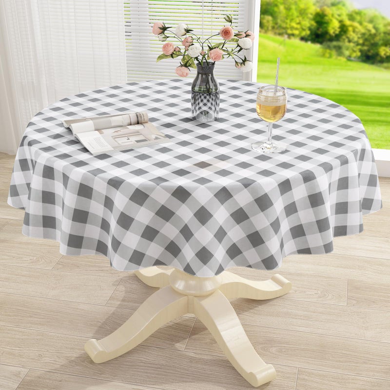 misaya Round Waterproof Vinyl Table Cloth, Buffalo Flannel Backed Tablecloth, Wipeable Plastic Table Cover for Dinner, Kitchen, Picnic (60", Grey and White) - Image 1