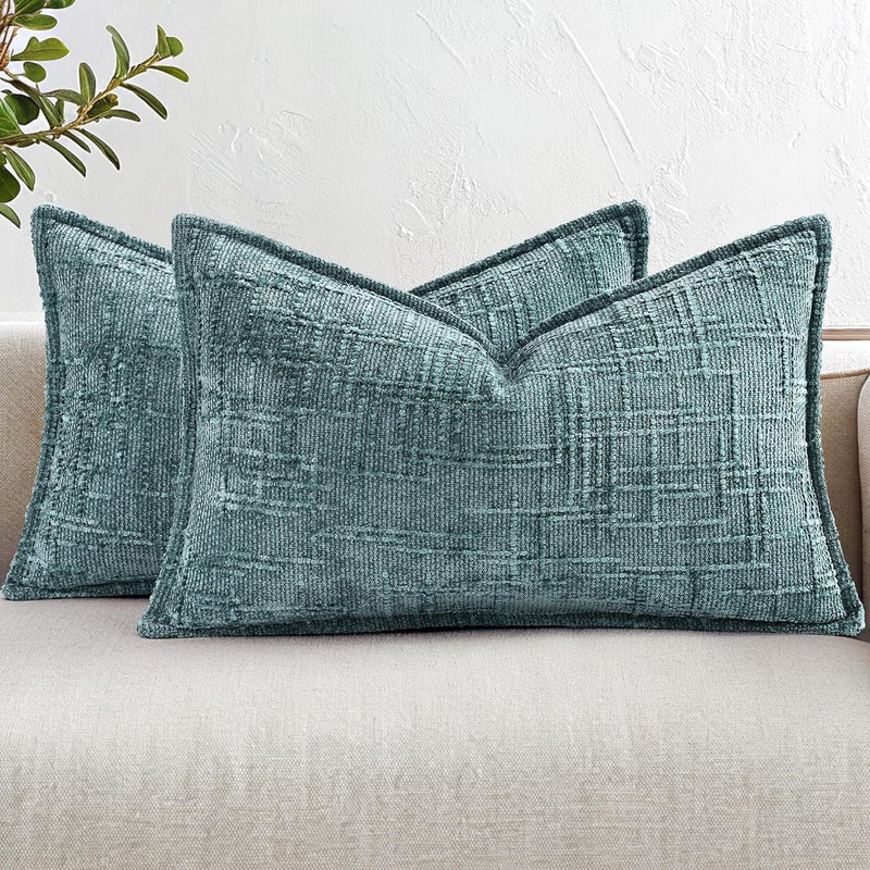 ديكور يو هوم أغطية وسائد زينة من الشنيل decorUhome 12x20 مجموعة من 2، أغطية وسائد زينة محايدة سميكة ذات ملمس خشن بتصميم أنيق للأريكة والأريكة وغرفة المعيشة، بلون أزرق مخضر - Image 1