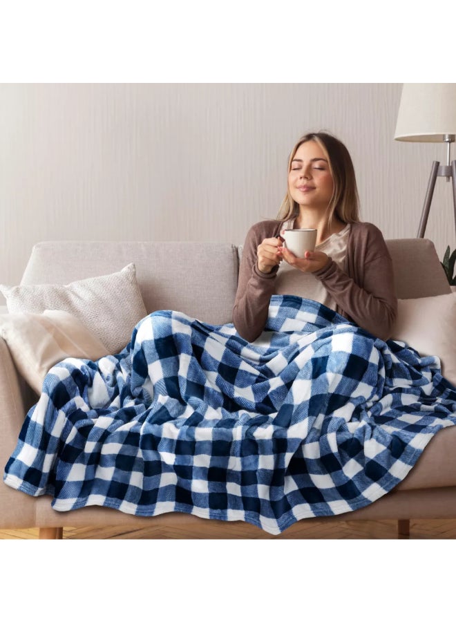 REVE Check Pattern Queen Fleece Throw Blanket Navy and White 60 x 80 Inch P-B3011X-CKNV - Image 5