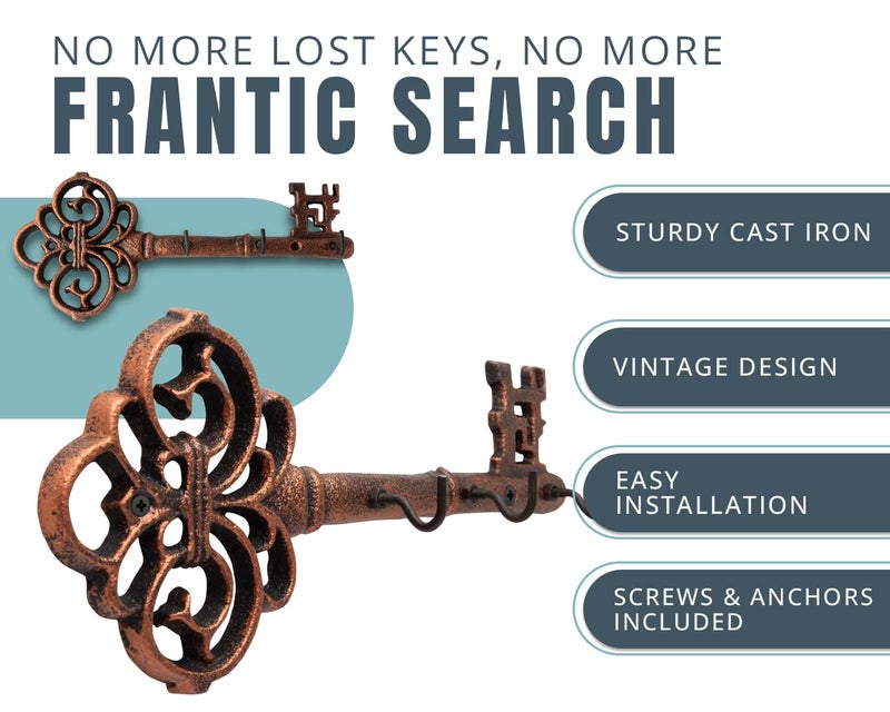 Comfify Comfify Key Holder for Wall - Cast Iron Skeleton Key - Decorative Farmhouse Rustic Wall Mount Key Organizer - 3 Key Hooks - Vintage Key Rack for Entryway with Screws & Anchors – 10.8 x 4.7  - Image 2