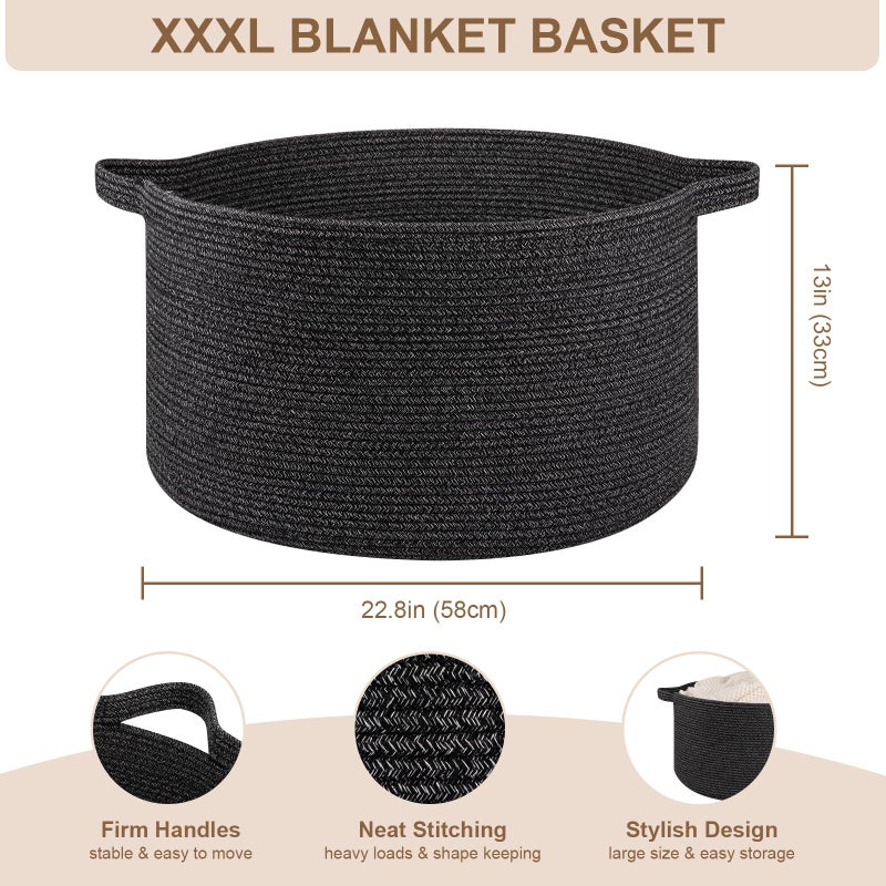 OIASKET Large Woven Baskets for Storage, 22.8" x 22.8" x 13" Blanket Storage Living Room, Baby Toy Basket for Clothes, Pillows, Towels, Shoe Basket for Entryway (Black) - Image 2