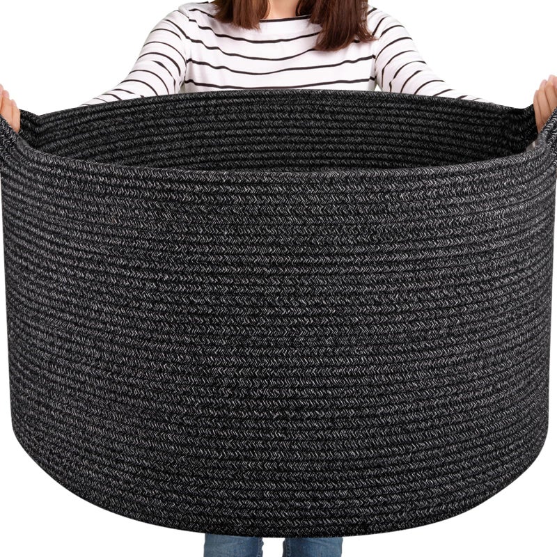 OIASKET Large Woven Baskets for Storage, 22.8" x 22.8" x 13" Blanket Storage Living Room, Baby Toy Basket for Clothes, Pillows, Towels, Shoe Basket for Entryway (Black) - Image 1