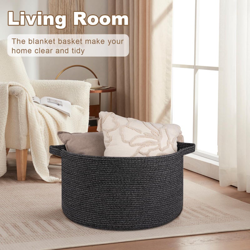 OIASKET Large Woven Baskets for Storage, 22.8" x 22.8" x 13" Blanket Storage Living Room, Baby Toy Basket for Clothes, Pillows, Towels, Shoe Basket for Entryway (Black) - Image 3