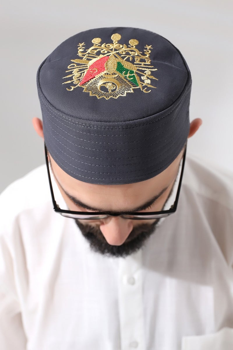 İhvan Ihvan Gray Quilted Ottoman Coat of Arms Embroidered Pattern Prayer Skull - Image 1