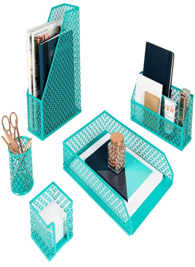 BLU MONACO | Dark Teal Desk Organizer Set | 5 Piece Metal Desk Accessories with Mail Sorter, Pen Cup, Sticky Note Holder, Magazine File, Paper Tray | Desk Organizers and Accessories - Image 1