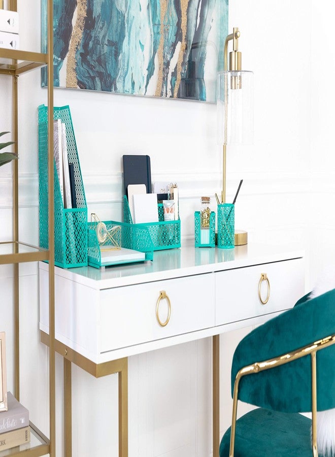 BLU MONACO | Dark Teal Desk Organizer Set | 5 Piece Metal Desk Accessories with Mail Sorter, Pen Cup, Sticky Note Holder, Magazine File, Paper Tray | Desk Organizers and Accessories - Image 3