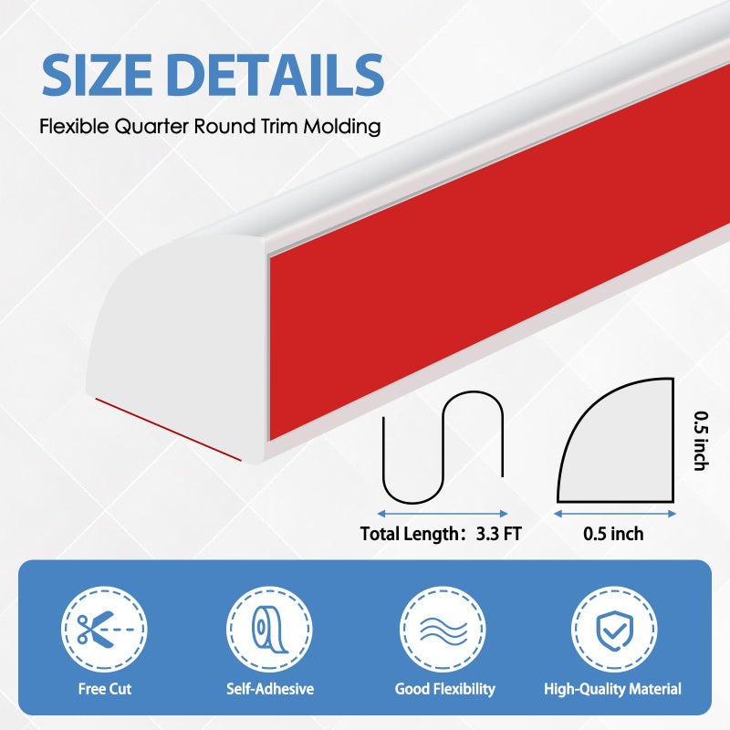 EYAYEN Flexible Quarter Round Molding Peel And Stick Rubber Quarter Round Trim Molding Self Adhesive Wall Corner Trim Molding For Wall Edge Corner Countertop  White  1/2  W X 1/2  H X 39  L - Image 2