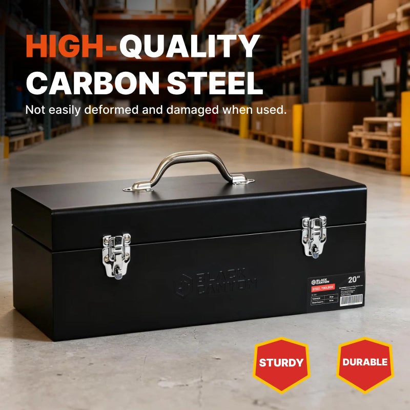 Black Canyon 20 Inch Steel Tool Box, Metal Tool Box, 0.8mm Carbon Steel, Portable & Padlockable, Sturdy & Durable toolbox, Ideal for Trailer, Mechanic, DIY-ers, Car, Workshops, Garages, Repair Shops - Image 2