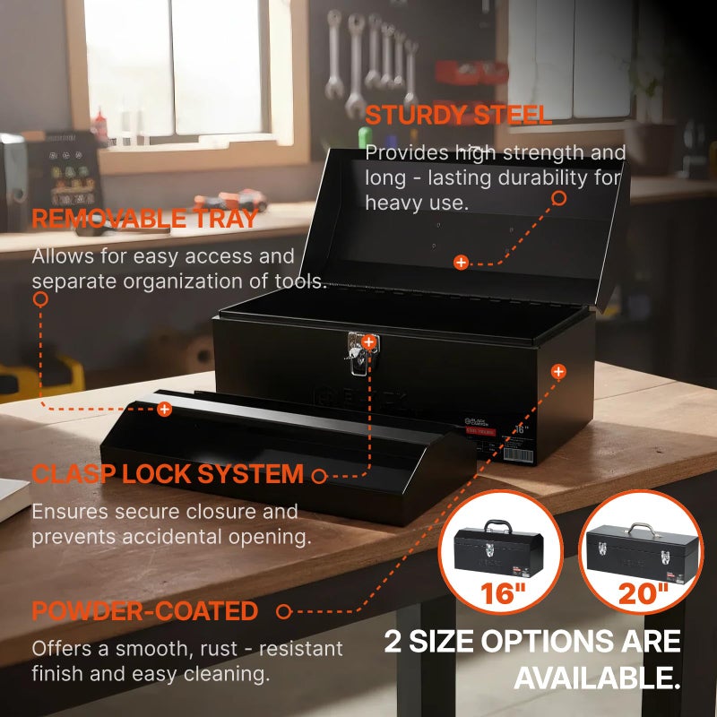 Black Canyon 20 Inch Steel Tool Box, Metal Tool Box, 0.8mm Carbon Steel, Portable & Padlockable, Sturdy & Durable toolbox, Ideal for Trailer, Mechanic, DIY-ers, Car, Workshops, Garages, Repair Shops - Image 3