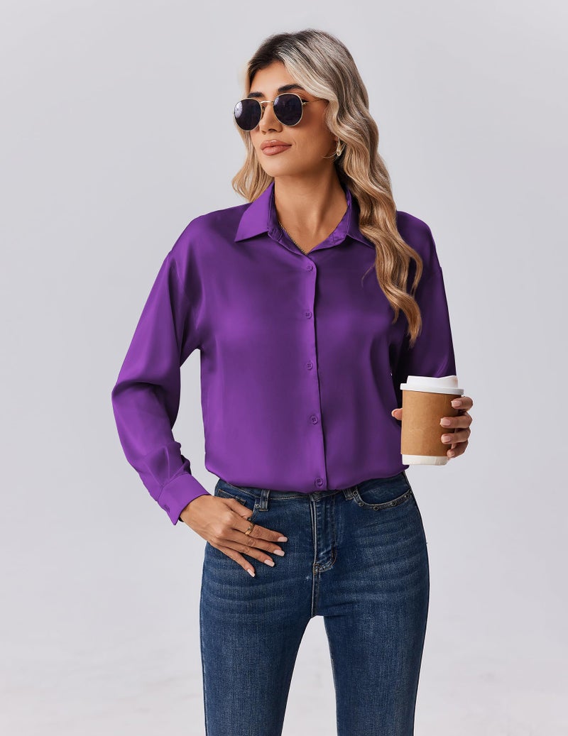 Zeagoo Shirts for Women Long Sleeve Button Up Tops Business Dressy Blouses Satin Silk Dress Shirt Purple - Image 5